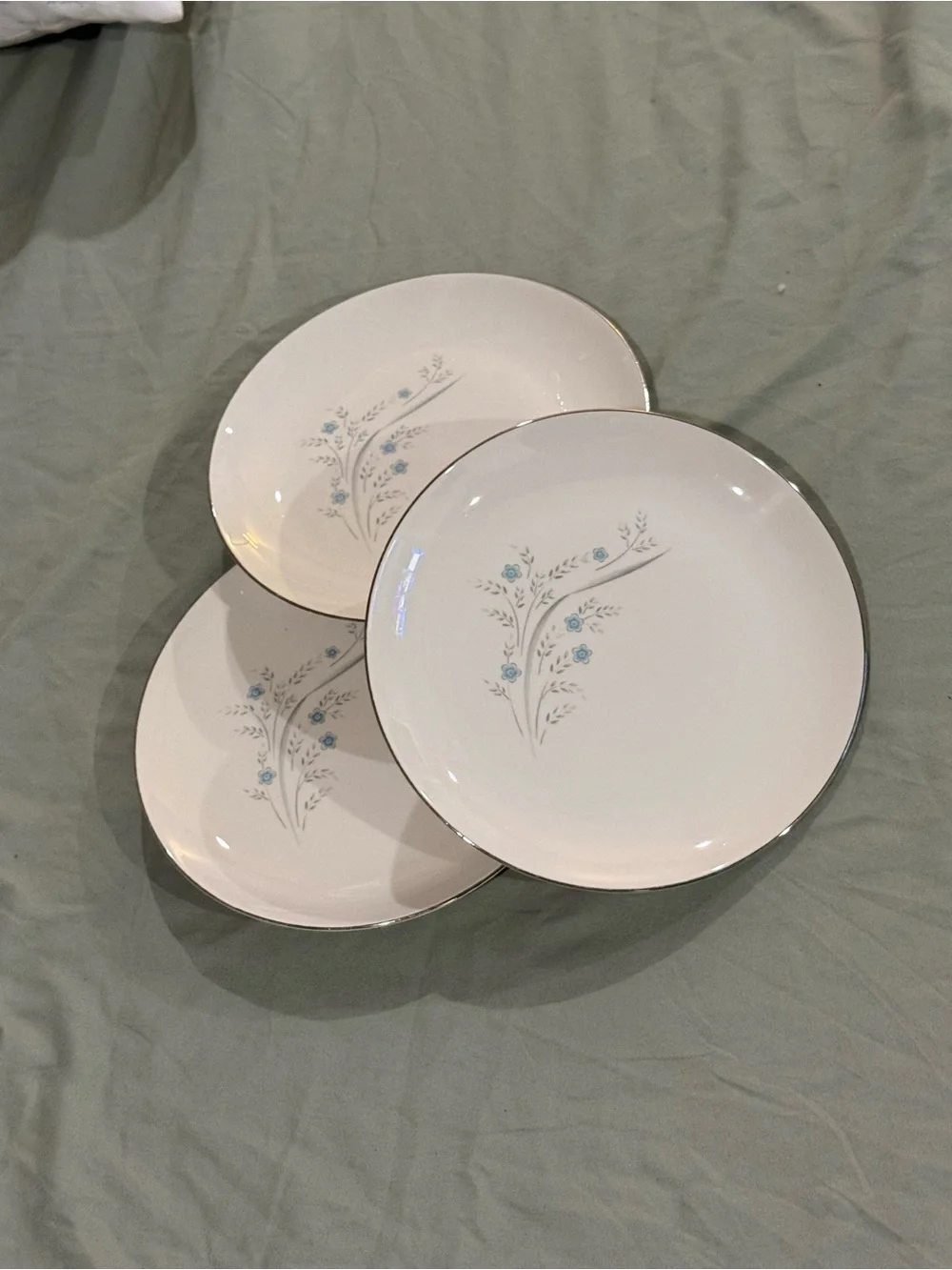 Kenmark KEM2 White 8” Salad Plate with Blue Floral Accent & Silver Rim set of 3